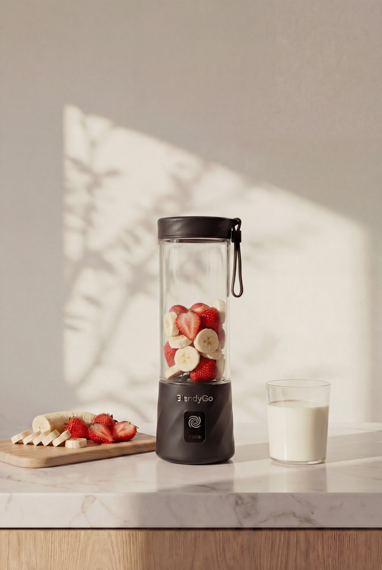 BlendyGo3 とフルーツとミルクが並ぶキッチンの一場面