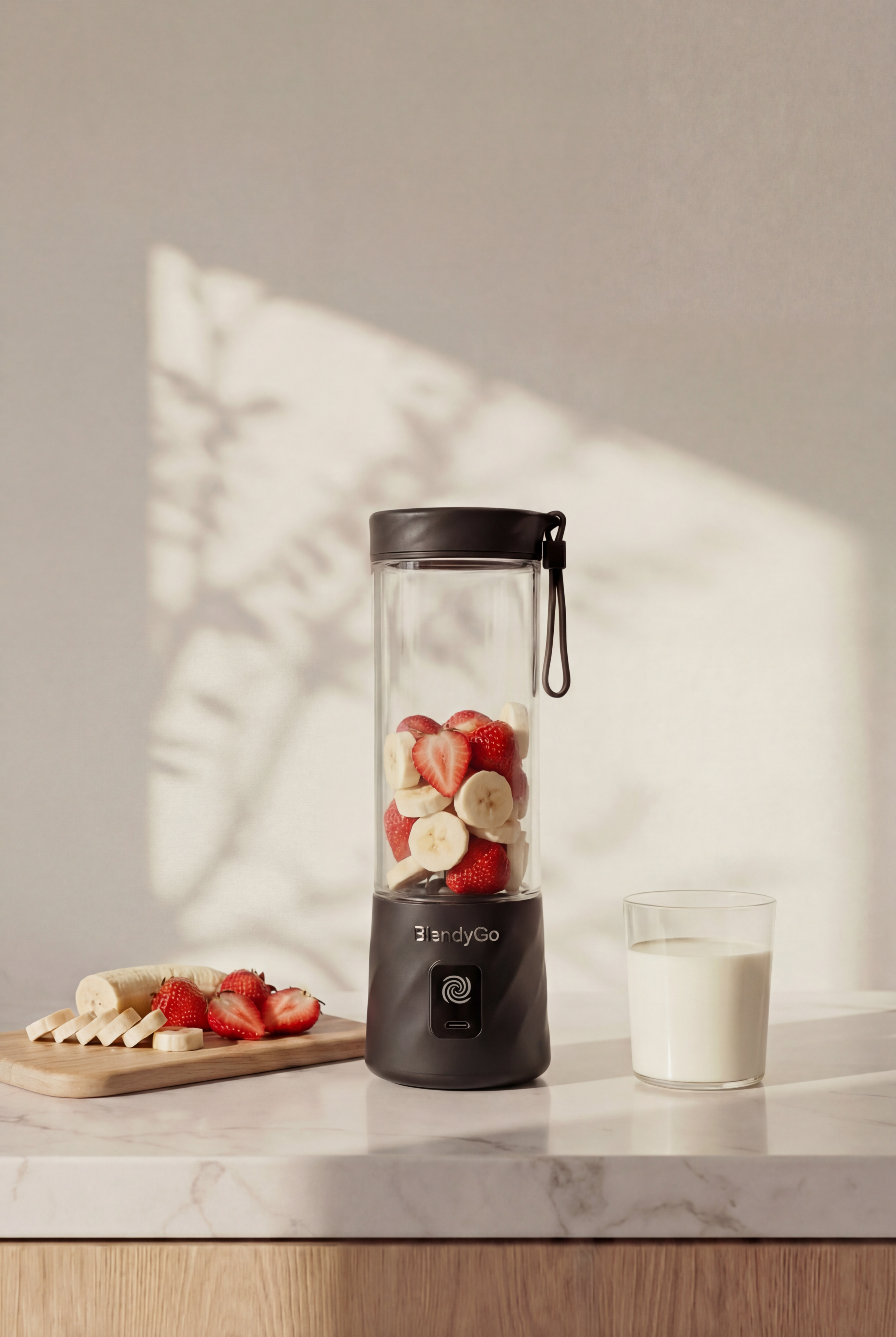 BlendyGo3 with fresh strawberries and banana